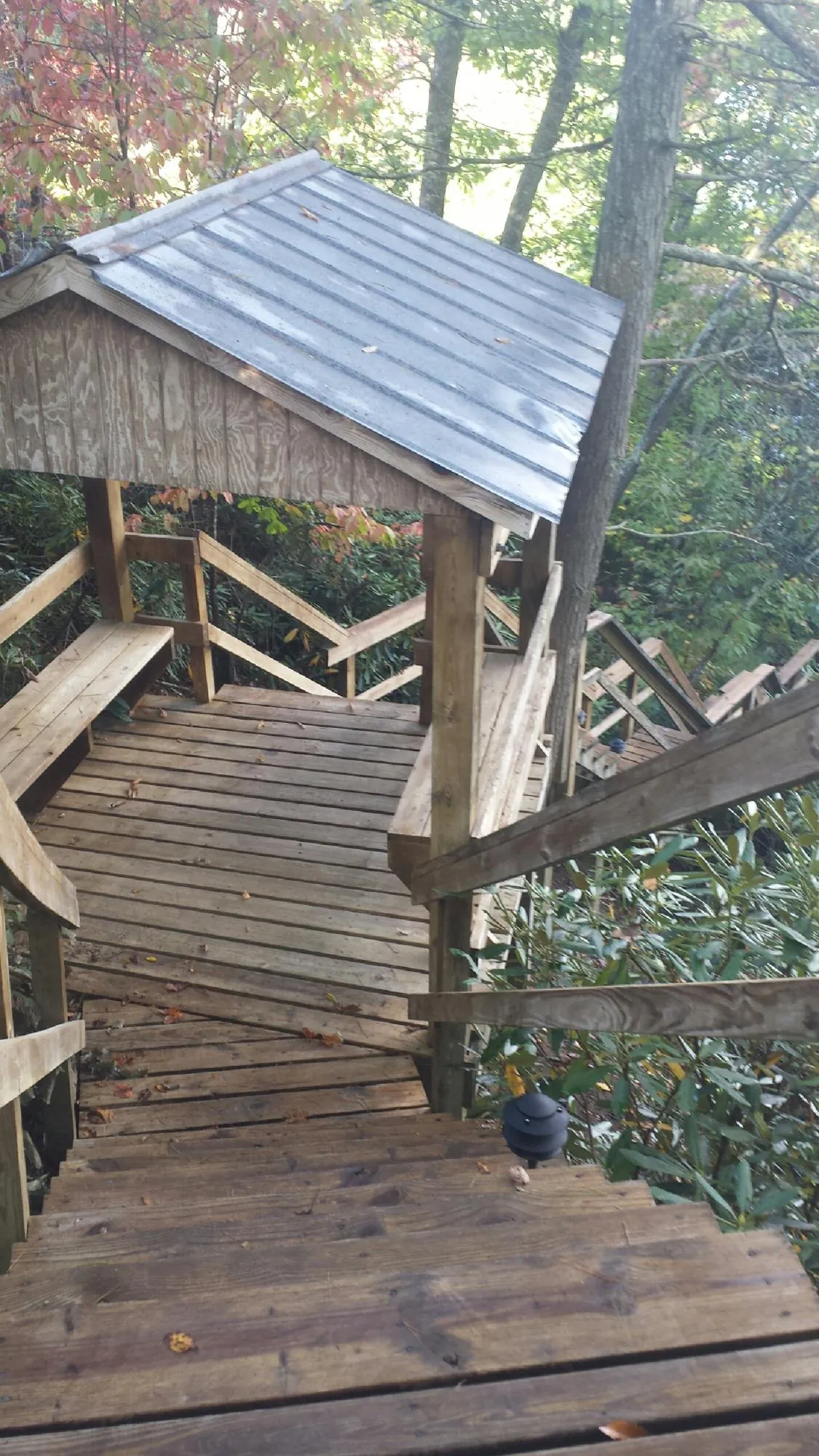Metal roofed shelter over wooden steps on a wooded walkway — Skylight Repair & Installation work by our crew in Upland